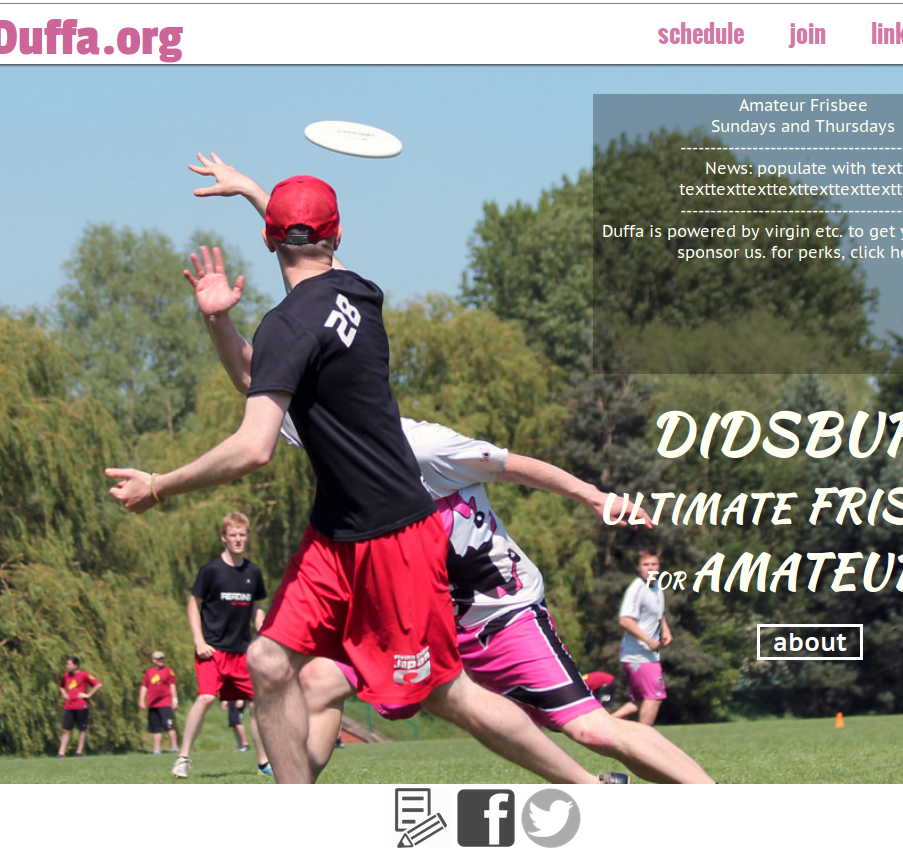 Screenshot of a website for an ultimate frisbee group