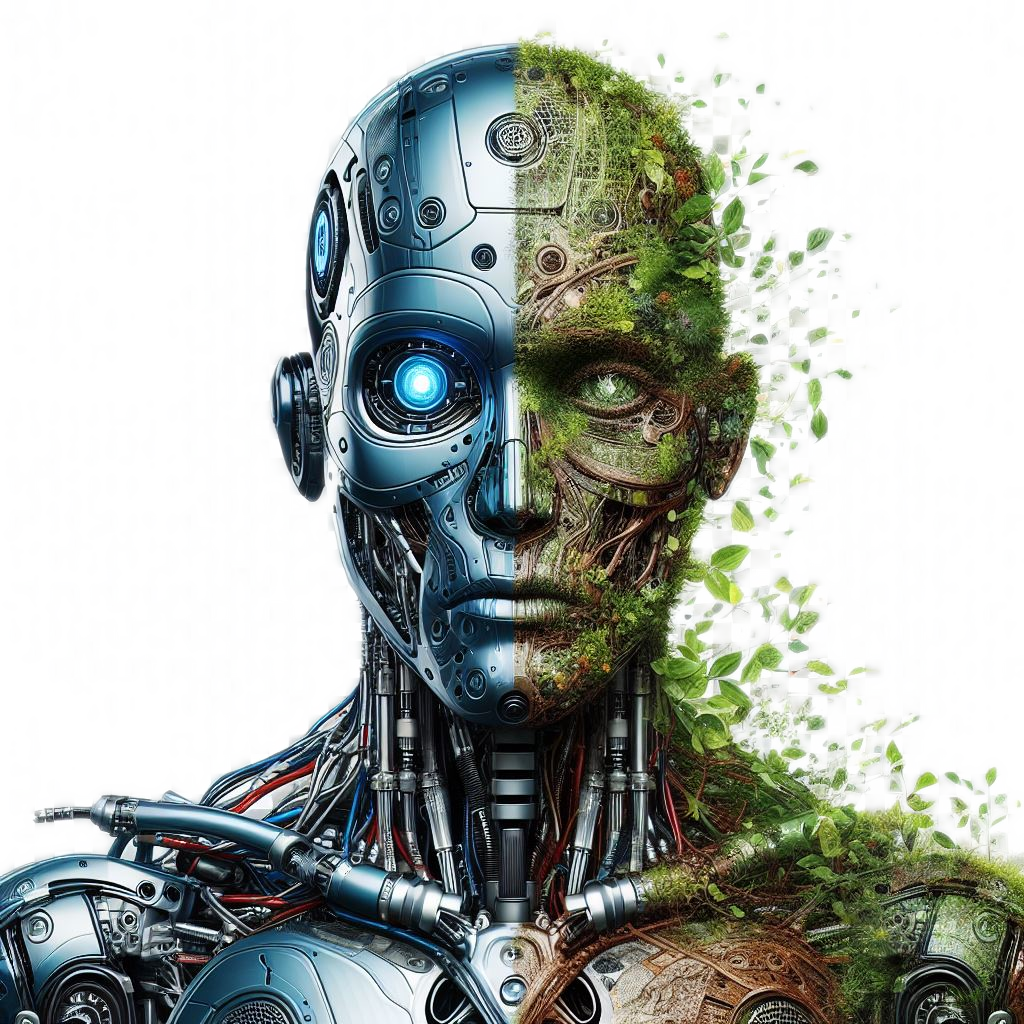 Representation of man with nature and machine